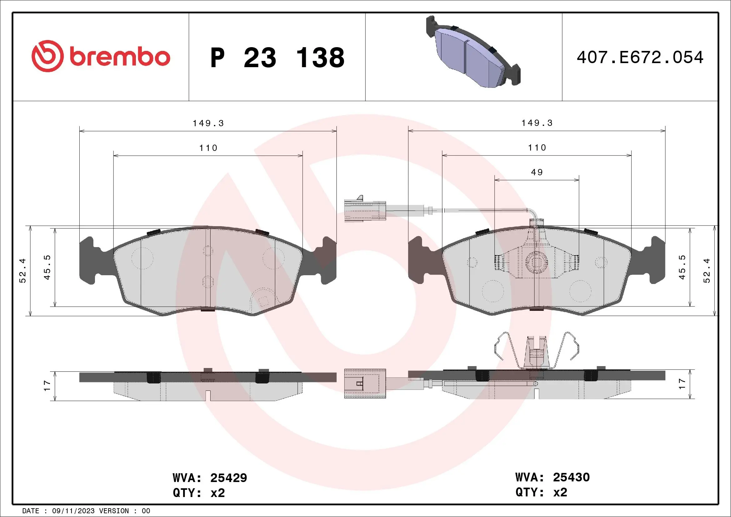 Bremsbelagsatz, Scheibenbremse Vorderachse BREMBO P 23 138