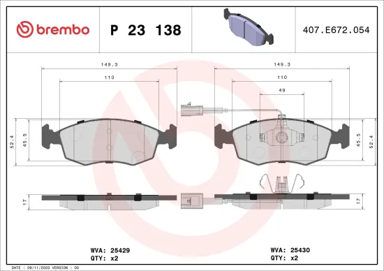 Bremsbelagsatz, Scheibenbremse Vorderachse BREMBO P 23 138 Bild Bremsbelagsatz, Scheibenbremse Vorderachse BREMBO P 23 138