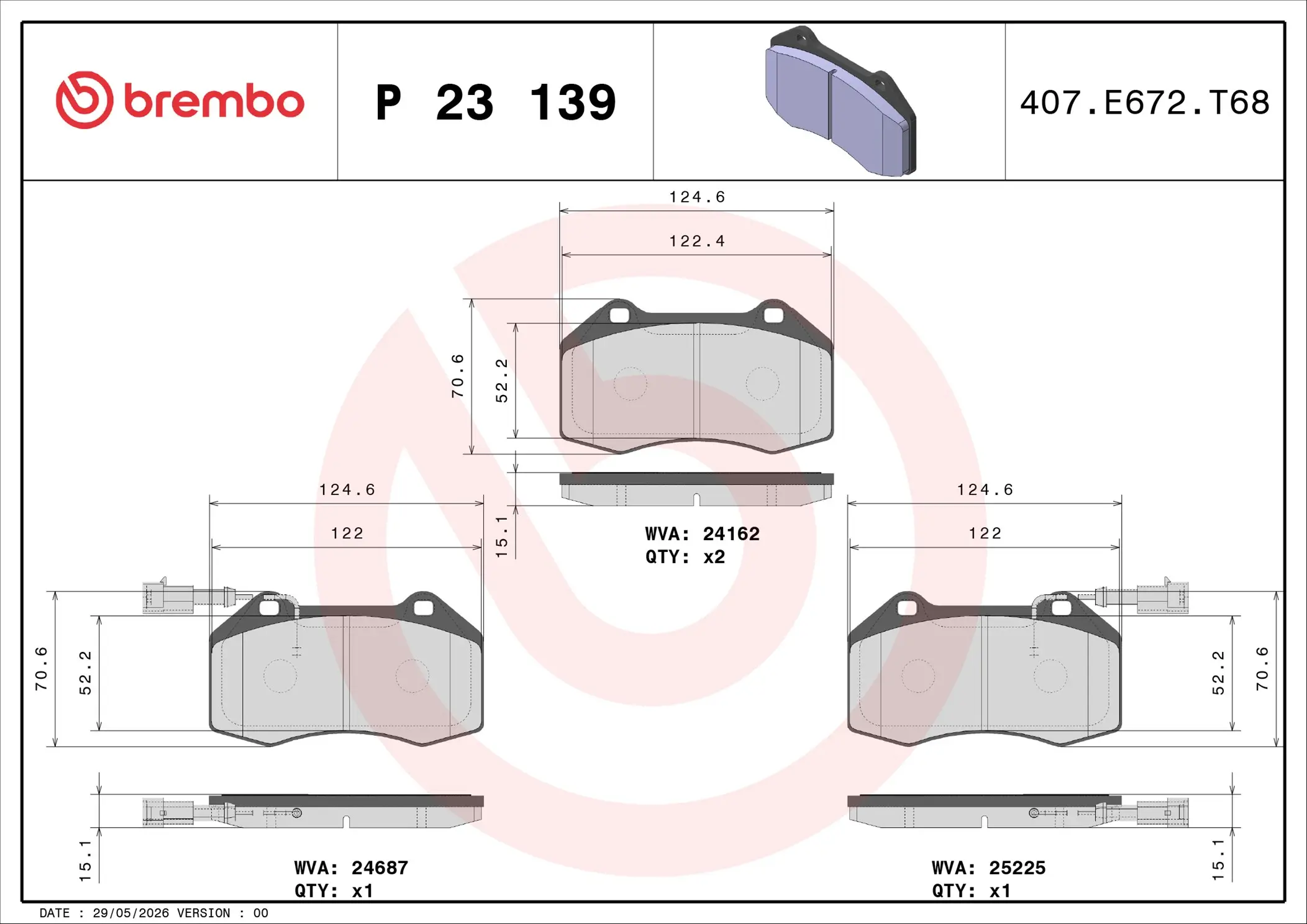 Bremsbelagsatz, Scheibenbremse Vorderachse BREMBO P 23 139