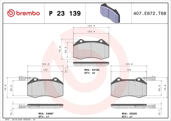 Bremsbelagsatz, Scheibenbremse Vorderachse BREMBO P 23 139 Bild Bremsbelagsatz, Scheibenbremse Vorderachse BREMBO P 23 139
