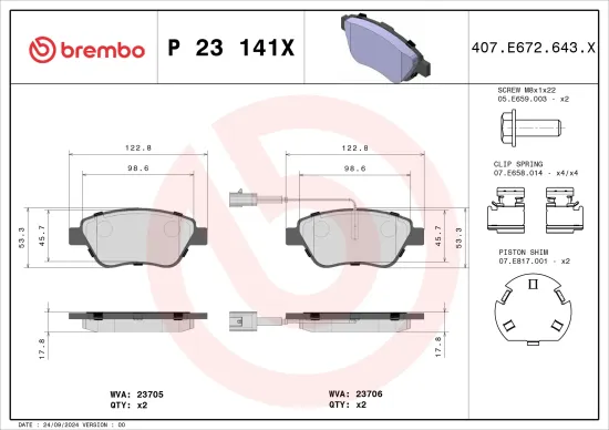 Bremsbelagsatz, Scheibenbremse Vorderachse BREMBO P 23 141X Bild Bremsbelagsatz, Scheibenbremse Vorderachse BREMBO P 23 141X