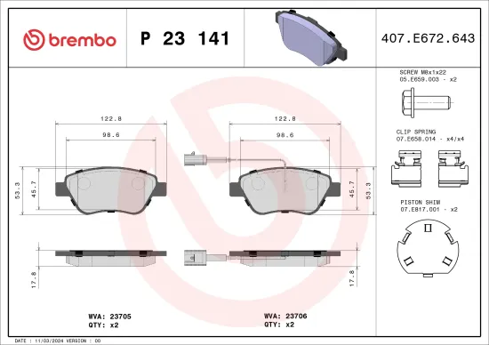 Bremsbelagsatz, Scheibenbremse Vorderachse BREMBO P 23 141 Bild Bremsbelagsatz, Scheibenbremse Vorderachse BREMBO P 23 141