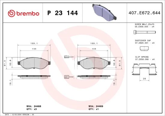 Bremsbelagsatz, Scheibenbremse Vorderachse BREMBO P 23 144 Bild Bremsbelagsatz, Scheibenbremse Vorderachse BREMBO P 23 144
