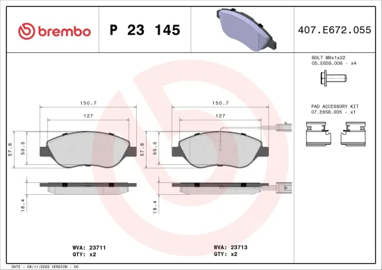 Bremsbelagsatz, Scheibenbremse Vorderachse BREMBO P 23 145 Bild Bremsbelagsatz, Scheibenbremse Vorderachse BREMBO P 23 145