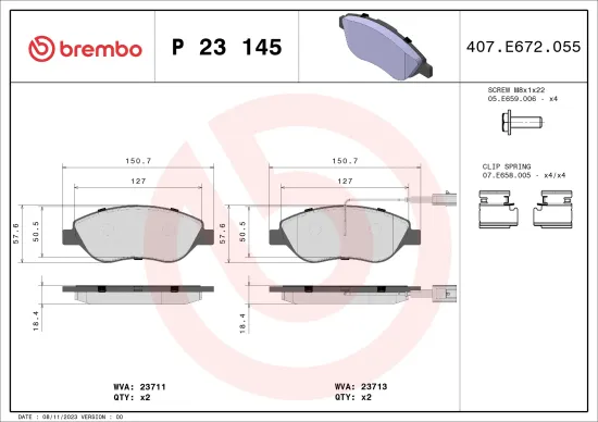 Bremsbelagsatz, Scheibenbremse Vorderachse BREMBO P 23 145 Bild Bremsbelagsatz, Scheibenbremse Vorderachse BREMBO P 23 145