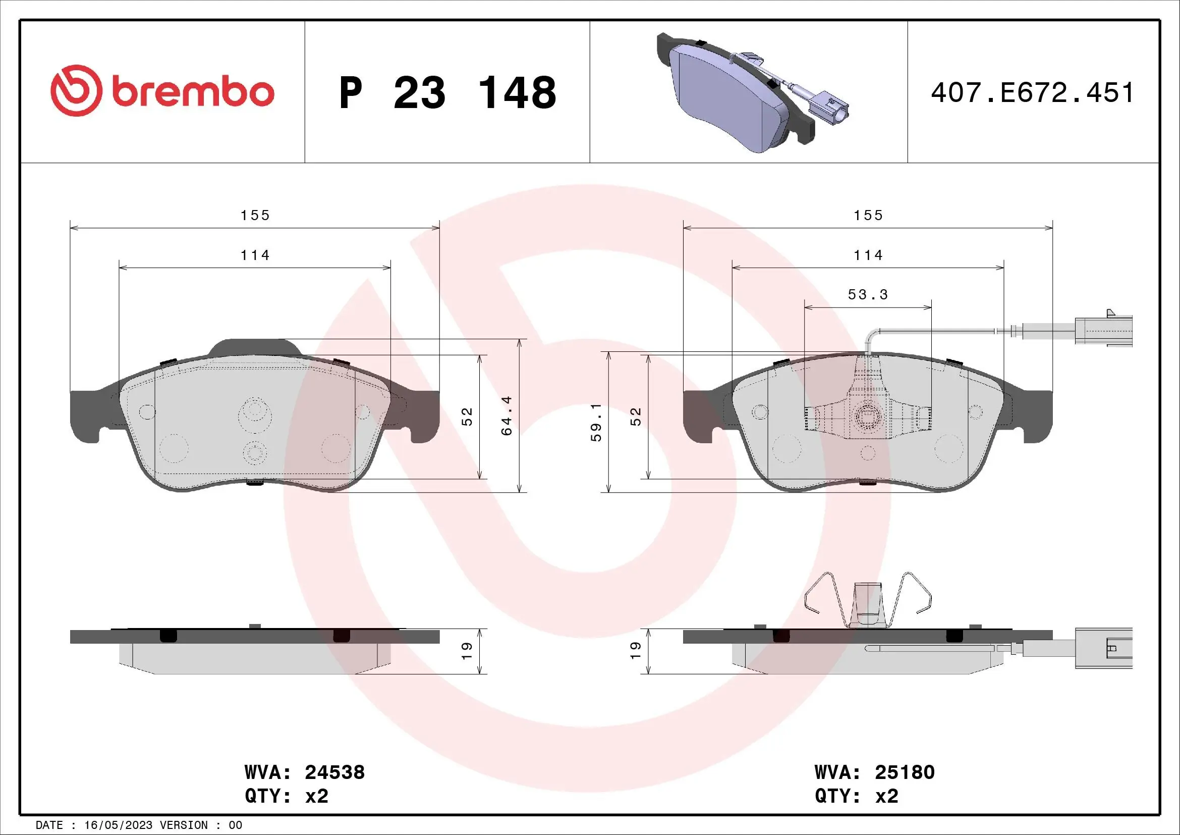 Bremsbelagsatz, Scheibenbremse Vorderachse BREMBO P 23 148