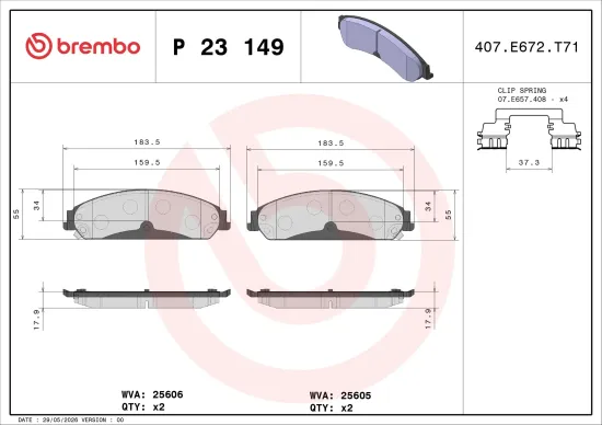 Bremsbelagsatz, Scheibenbremse Vorderachse BREMBO P 23 149 Bild Bremsbelagsatz, Scheibenbremse Vorderachse BREMBO P 23 149