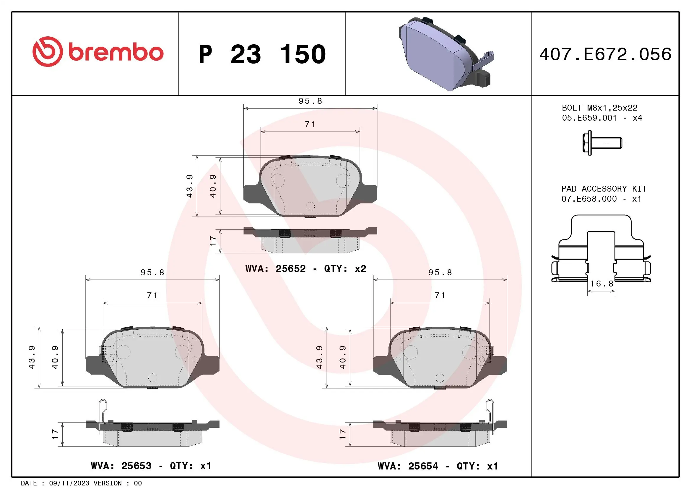 Bremsbelagsatz, Scheibenbremse Hinterachse BREMBO P 23 150