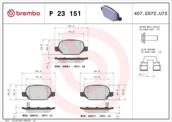 Bremsbelagsatz, Scheibenbremse Hinterachse BREMBO P 23 151 Bild Bremsbelagsatz, Scheibenbremse Hinterachse BREMBO P 23 151