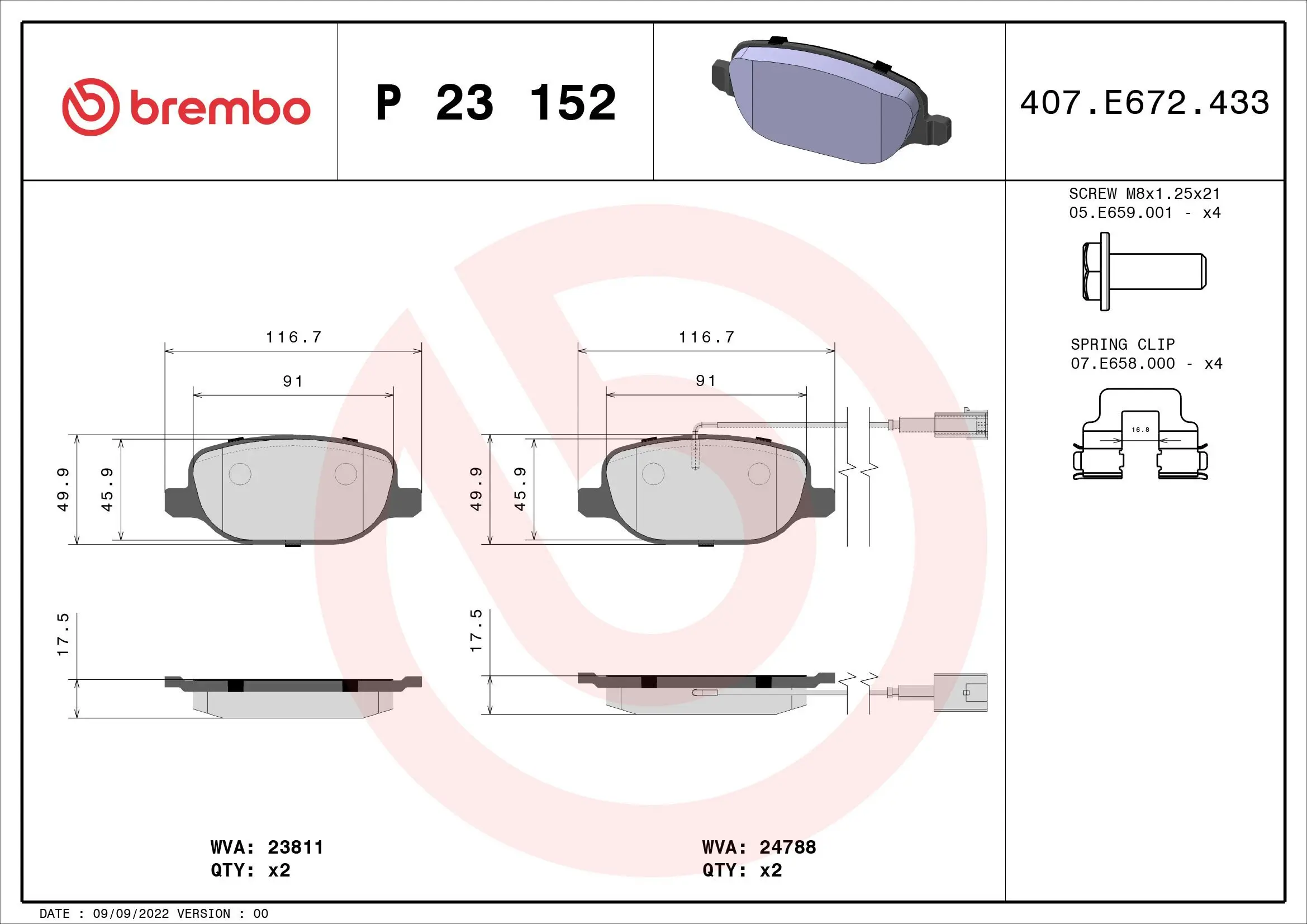 Bremsbelagsatz, Scheibenbremse Hinterachse BREMBO P 23 152