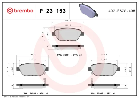 Bremsbelagsatz, Scheibenbremse Vorderachse BREMBO P 23 153 Bild Bremsbelagsatz, Scheibenbremse Vorderachse BREMBO P 23 153