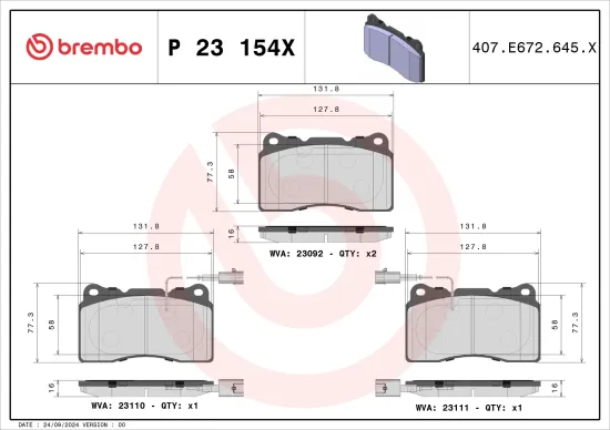 Bremsbelagsatz, Scheibenbremse Vorderachse BREMBO P 23 154X Bild Bremsbelagsatz, Scheibenbremse Vorderachse BREMBO P 23 154X