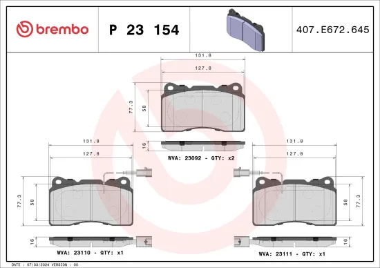 Bremsbelagsatz, Scheibenbremse Vorderachse BREMBO P 23 154 Bild Bremsbelagsatz, Scheibenbremse Vorderachse BREMBO P 23 154