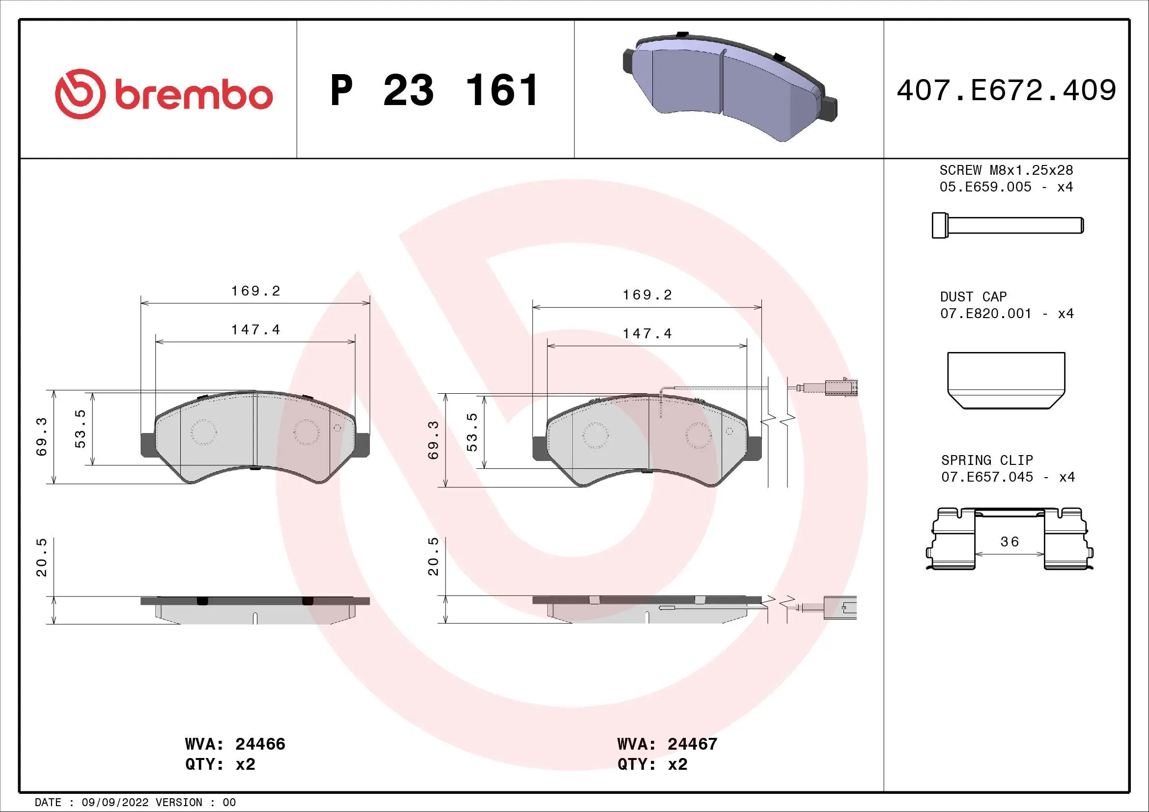 Bremsbelagsatz, Scheibenbremse Vorderachse BREMBO P 23 161