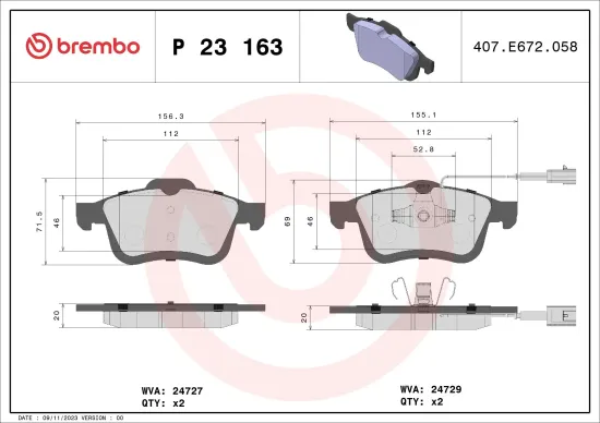 Bremsbelagsatz, Scheibenbremse Vorderachse BREMBO P 23 163 Bild Bremsbelagsatz, Scheibenbremse Vorderachse BREMBO P 23 163