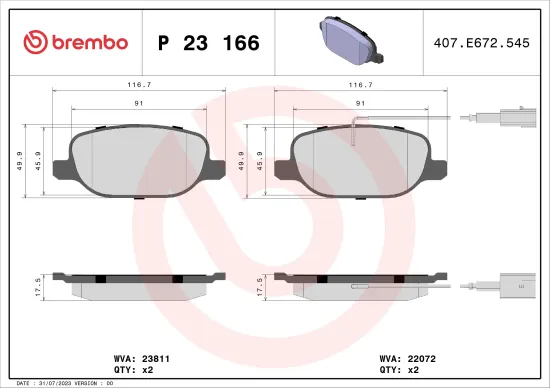 Bremsbelagsatz, Scheibenbremse Hinterachse BREMBO P 23 166 Bild Bremsbelagsatz, Scheibenbremse Hinterachse BREMBO P 23 166