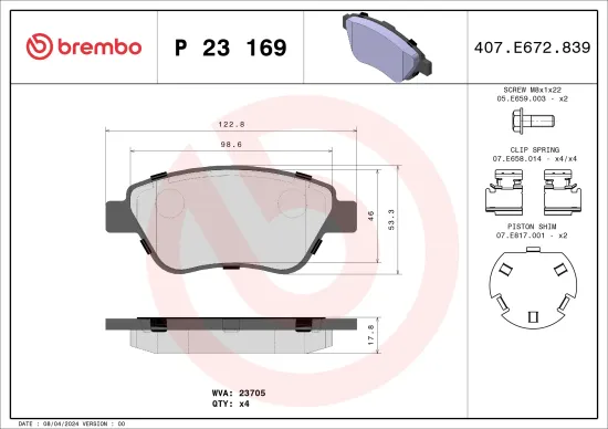 Bremsbelagsatz, Scheibenbremse Vorderachse BREMBO P 23 169 Bild Bremsbelagsatz, Scheibenbremse Vorderachse BREMBO P 23 169