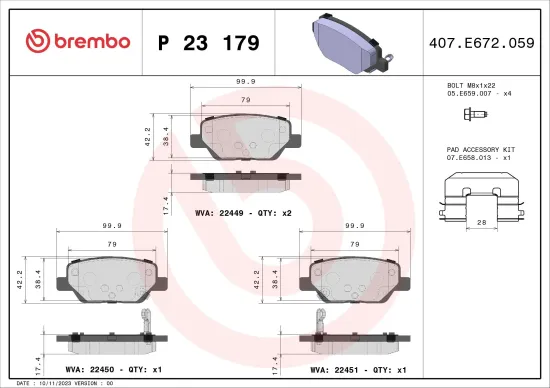 Bremsbelagsatz, Scheibenbremse Hinterachse BREMBO P 23 179 Bild Bremsbelagsatz, Scheibenbremse Hinterachse BREMBO P 23 179