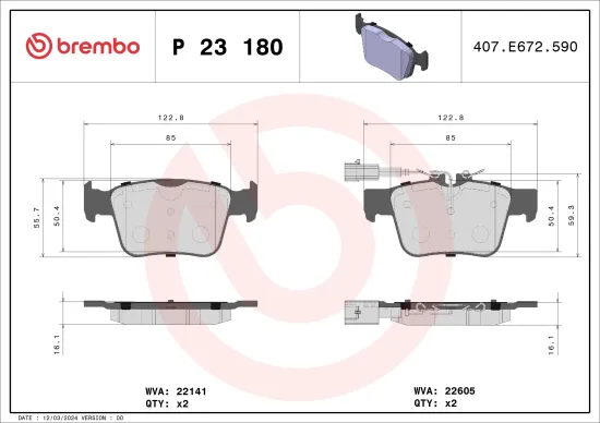 Bremsbelagsatz, Scheibenbremse Hinterachse BREMBO P 23 180 Bild Bremsbelagsatz, Scheibenbremse Hinterachse BREMBO P 23 180