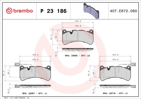 Bremsbelagsatz, Scheibenbremse Vorderachse BREMBO P 23 186 Bild Bremsbelagsatz, Scheibenbremse Vorderachse BREMBO P 23 186