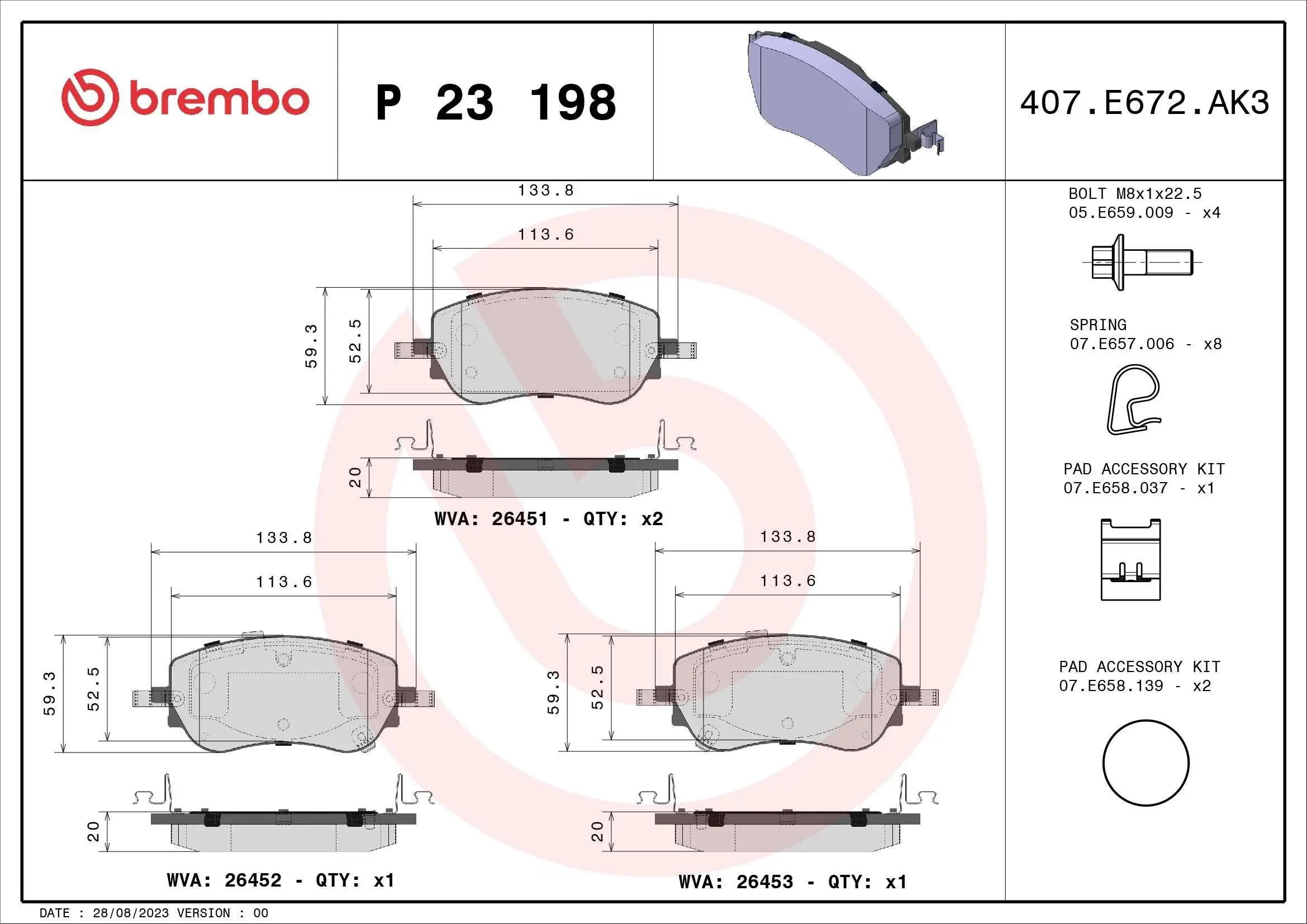 Bremsbelagsatz, Scheibenbremse Vorderachse BREMBO P 23 198