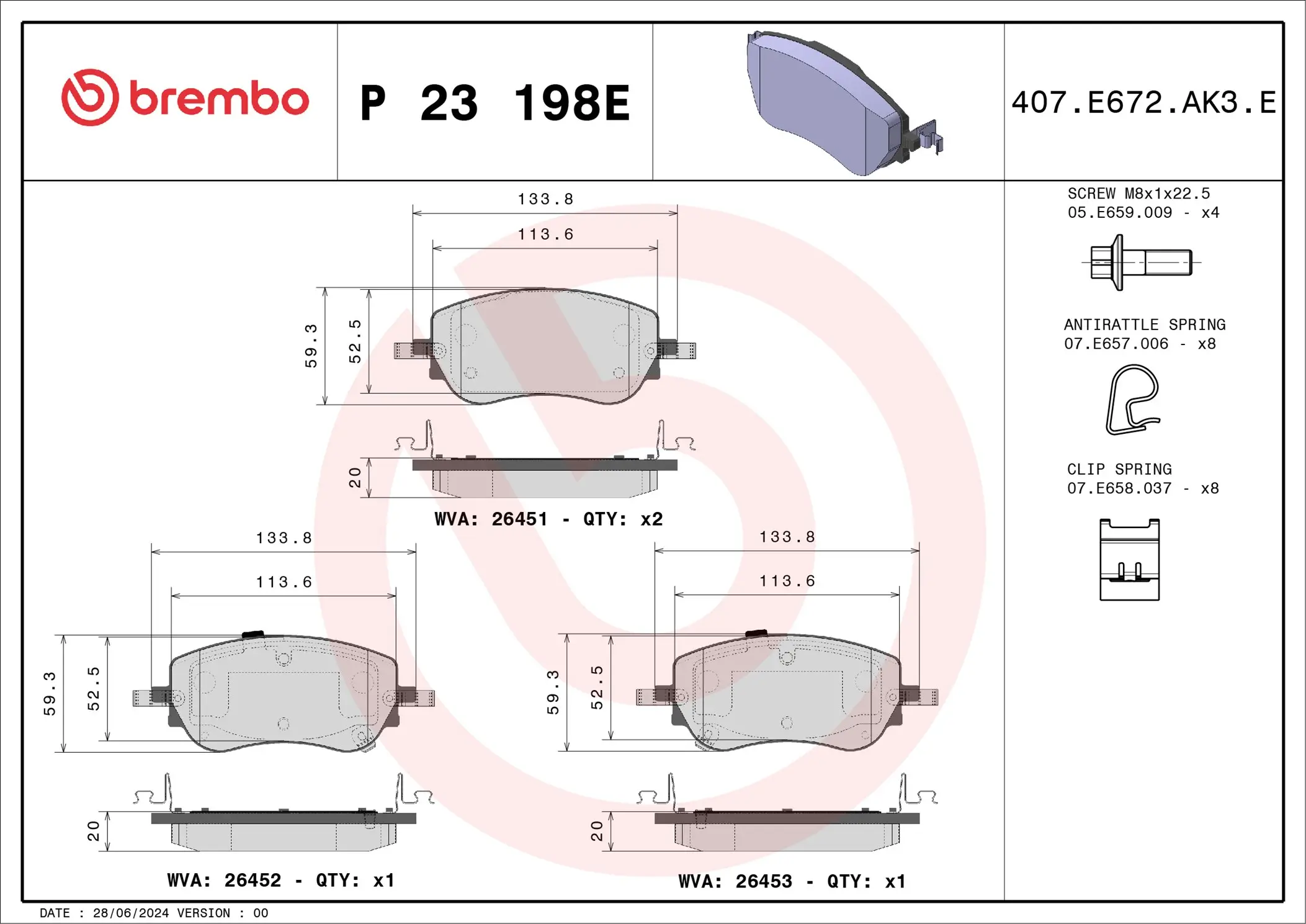 Bremsbelagsatz, Scheibenbremse Vorderachse BREMBO P 23 198E