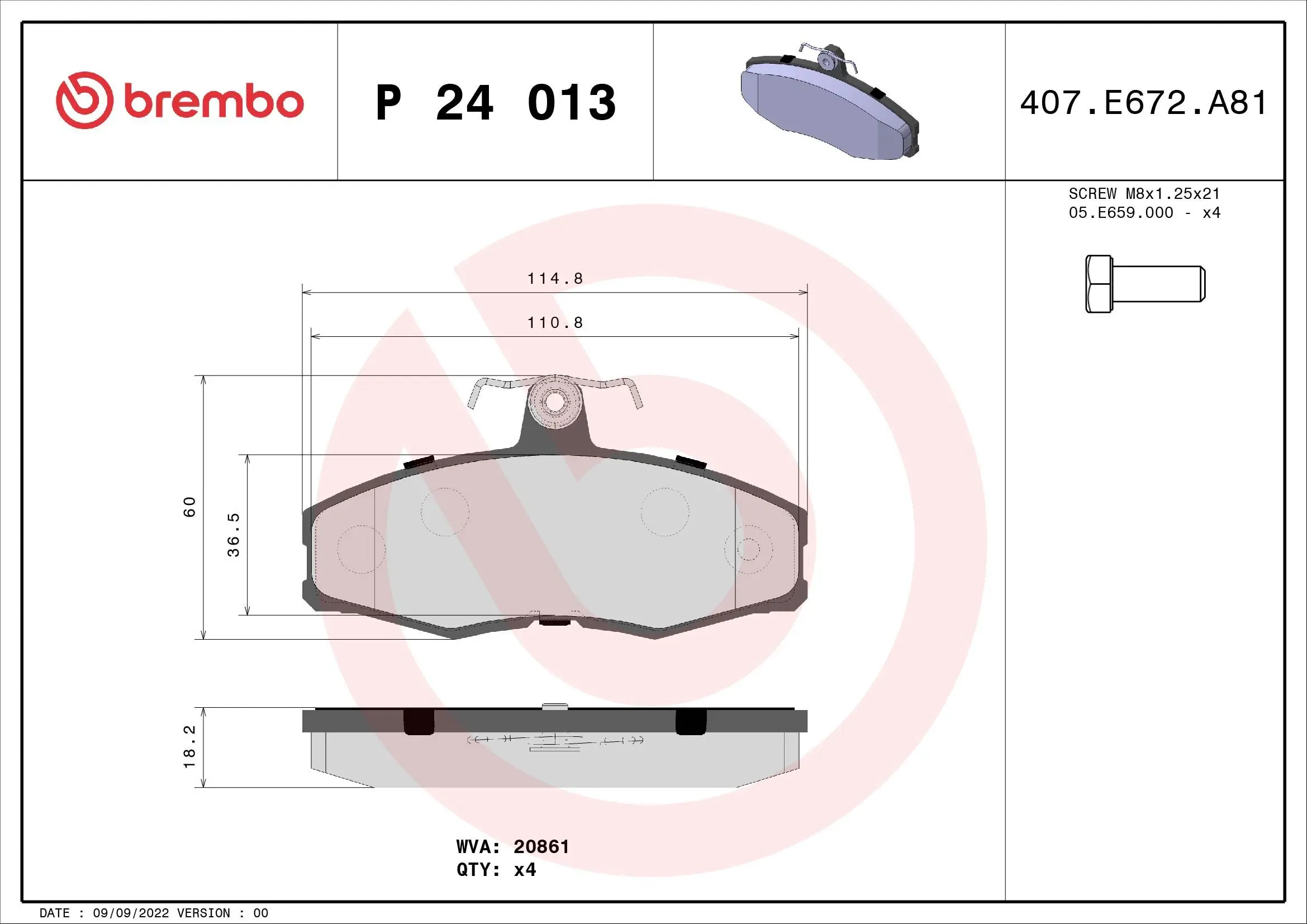 Bremsbelagsatz, Scheibenbremse Vorderachse BREMBO P 24 013