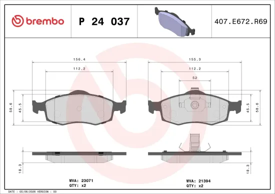 Bremsbelagsatz, Scheibenbremse Vorderachse BREMBO P 24 037 Bild Bremsbelagsatz, Scheibenbremse Vorderachse BREMBO P 24 037