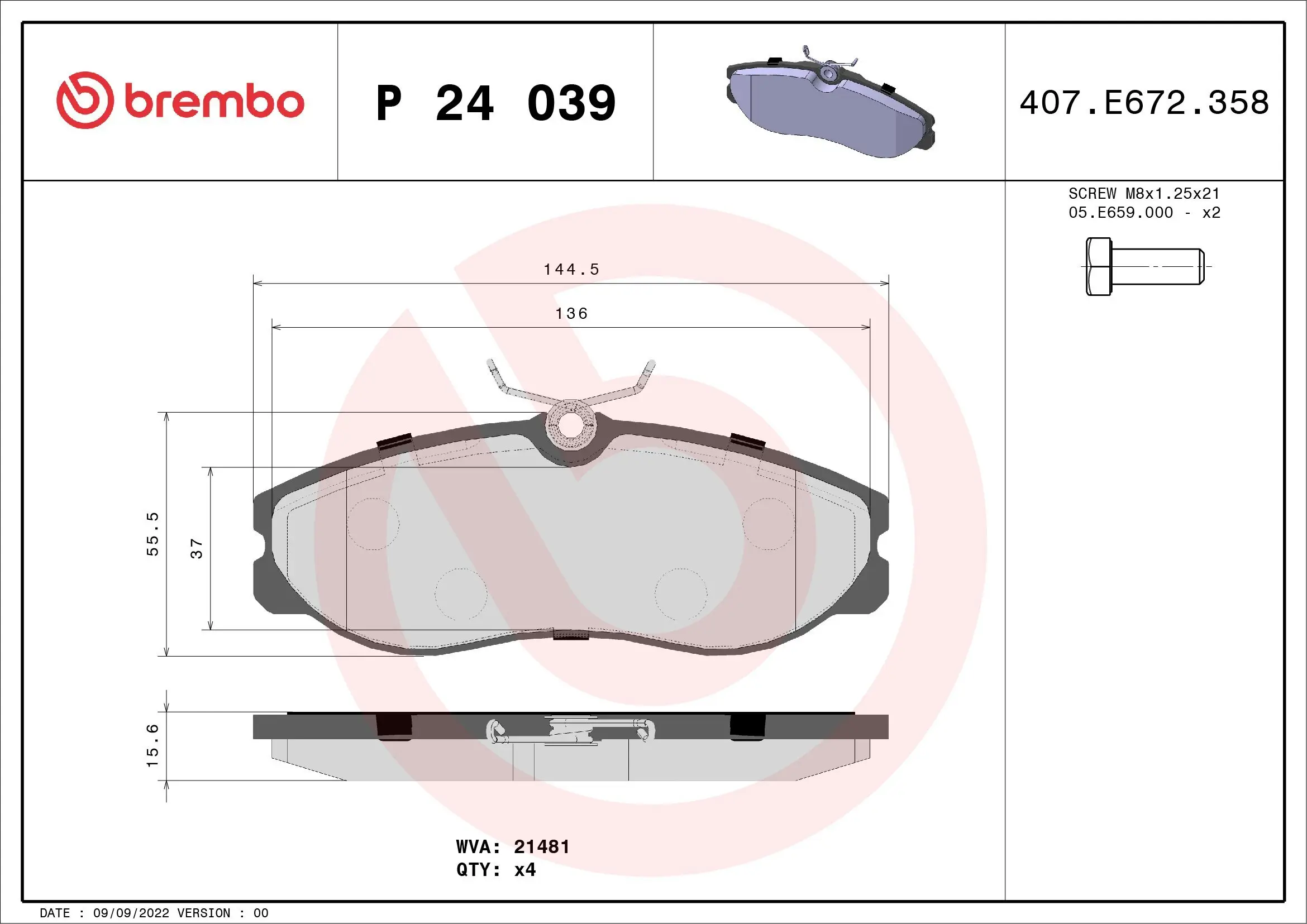Bremsbelagsatz, Scheibenbremse Vorderachse BREMBO P 24 039