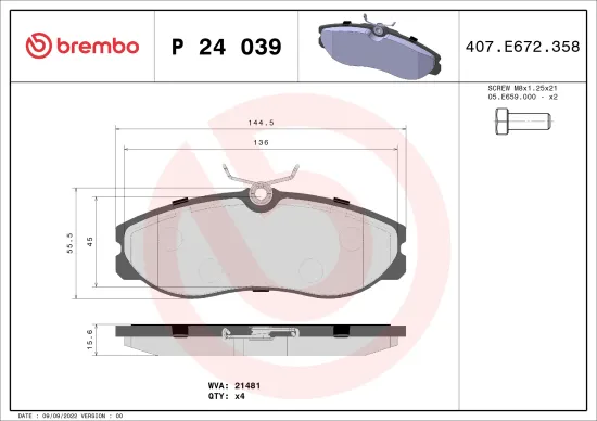Bremsbelagsatz, Scheibenbremse Vorderachse BREMBO P 24 039 Bild Bremsbelagsatz, Scheibenbremse Vorderachse BREMBO P 24 039