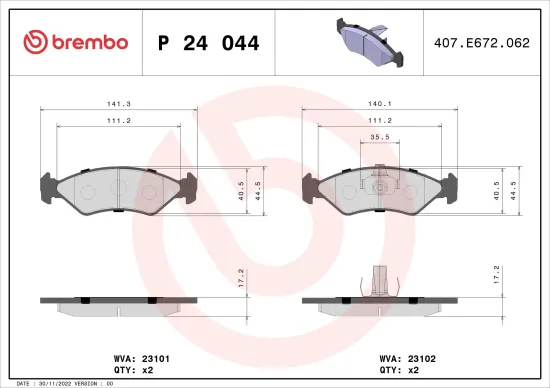 Bremsbelagsatz, Scheibenbremse Vorderachse BREMBO P 24 044 Bild Bremsbelagsatz, Scheibenbremse Vorderachse BREMBO P 24 044