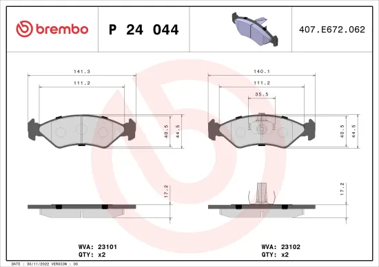 Bremsbelagsatz, Scheibenbremse Vorderachse BREMBO P 24 044 Bild Bremsbelagsatz, Scheibenbremse Vorderachse BREMBO P 24 044