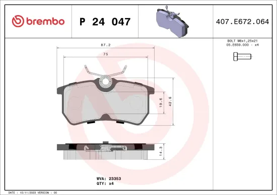 Bremsbelagsatz, Scheibenbremse Hinterachse BREMBO P 24 047 Bild Bremsbelagsatz, Scheibenbremse Hinterachse BREMBO P 24 047