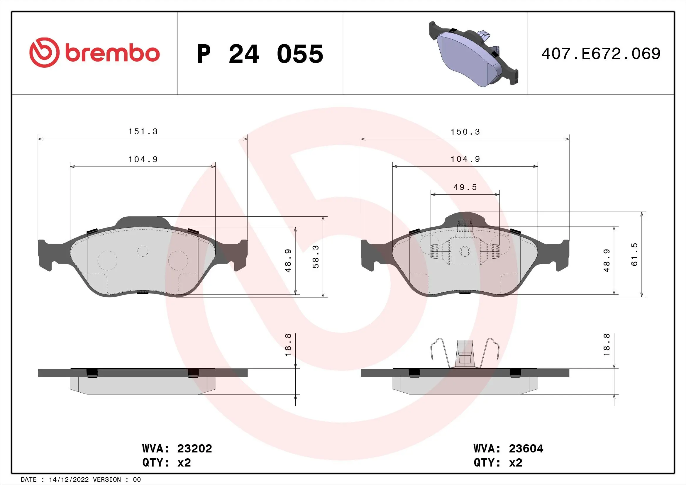 Bremsbelagsatz, Scheibenbremse Vorderachse BREMBO P 24 055X