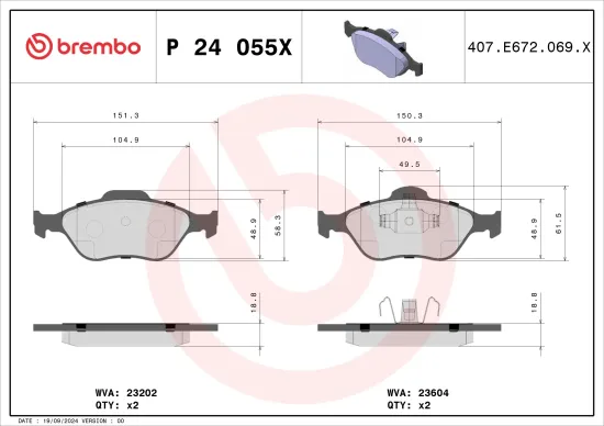 Bremsbelagsatz, Scheibenbremse Vorderachse BREMBO P 24 055X Bild Bremsbelagsatz, Scheibenbremse Vorderachse BREMBO P 24 055X