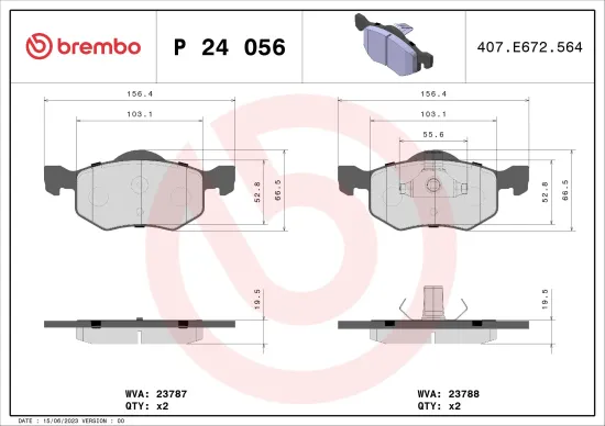 Bremsbelagsatz, Scheibenbremse Vorderachse BREMBO P 24 056 Bild Bremsbelagsatz, Scheibenbremse Vorderachse BREMBO P 24 056