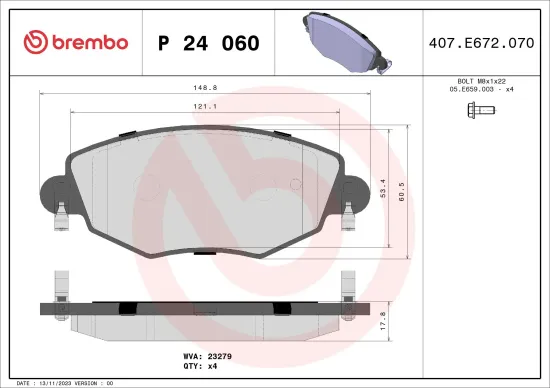 Bremsbelagsatz, Scheibenbremse Vorderachse BREMBO P 24 060 Bild Bremsbelagsatz, Scheibenbremse Vorderachse BREMBO P 24 060