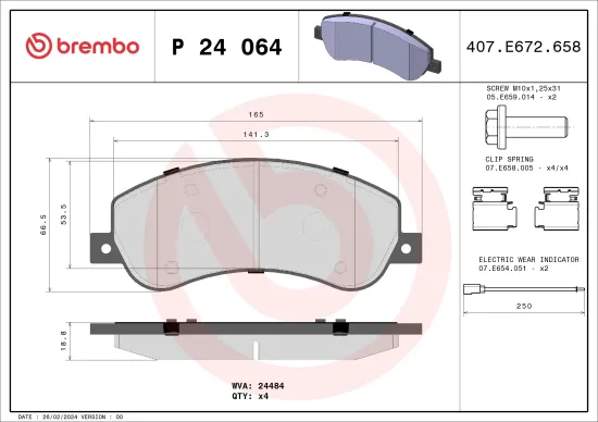 Bremsbelagsatz, Scheibenbremse Vorderachse BREMBO P 24 064 Bild Bremsbelagsatz, Scheibenbremse Vorderachse BREMBO P 24 064