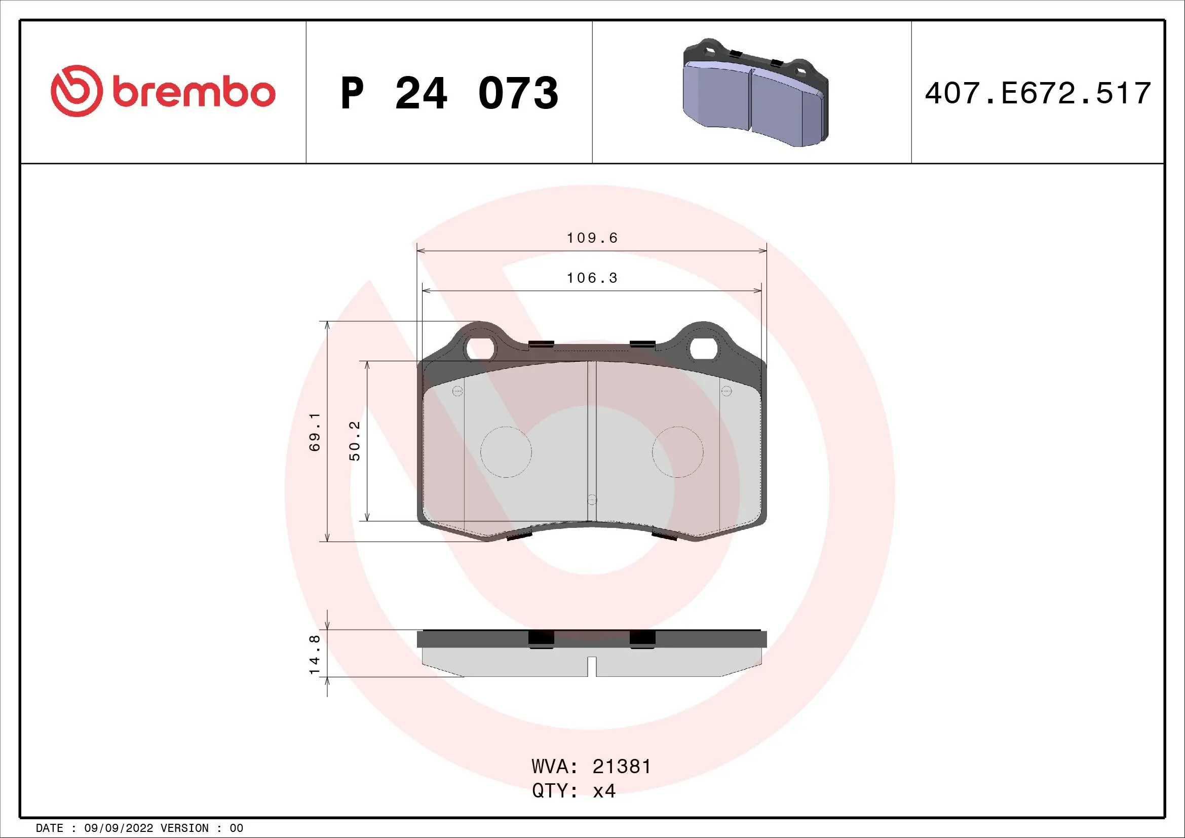 Bremsbelagsatz, Scheibenbremse Vorderachse BREMBO P 24 073