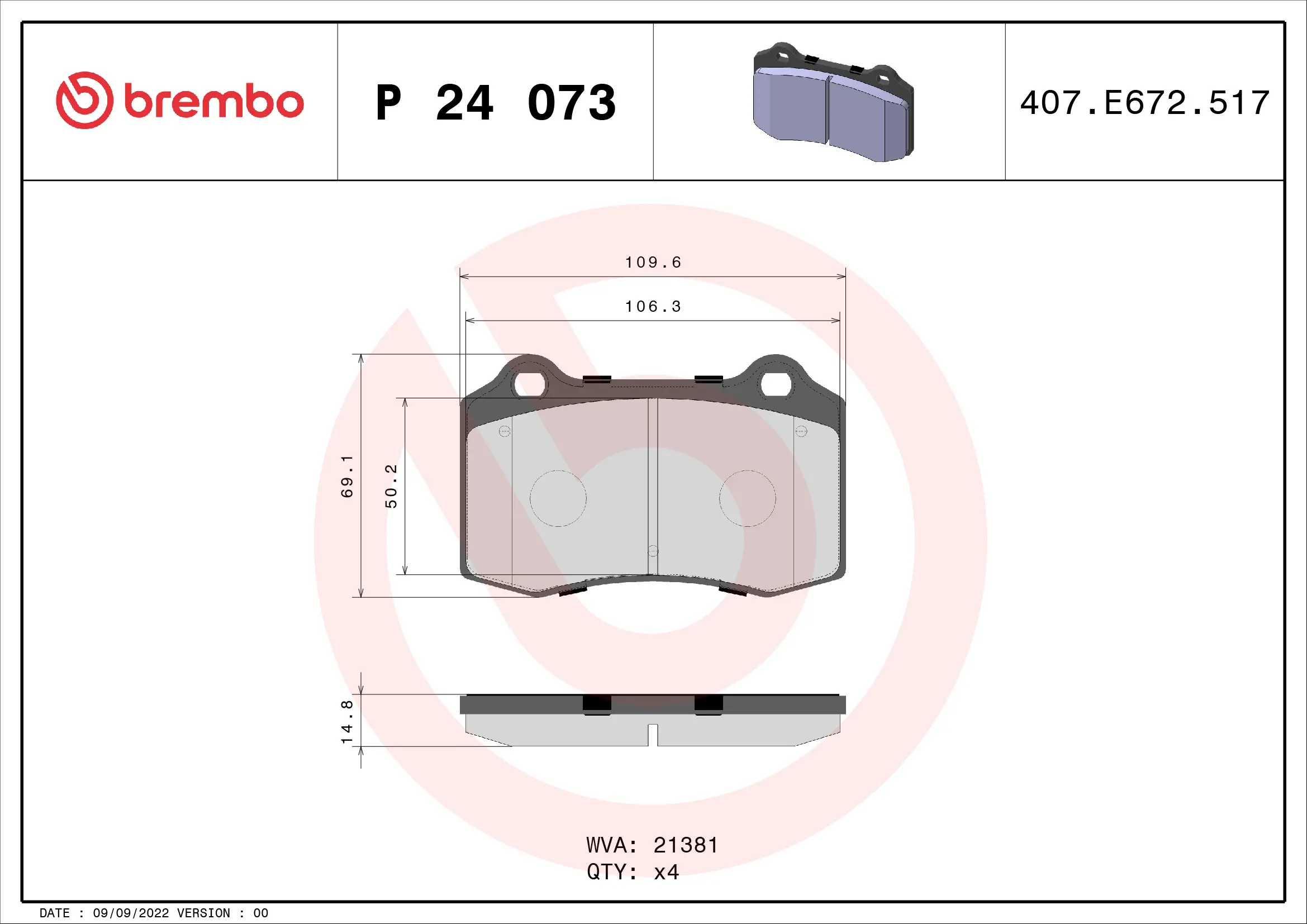 Bremsbelagsatz, Scheibenbremse Vorderachse BREMBO P 24 073