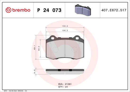 Bremsbelagsatz, Scheibenbremse Vorderachse BREMBO P 24 073 Bild Bremsbelagsatz, Scheibenbremse Vorderachse BREMBO P 24 073