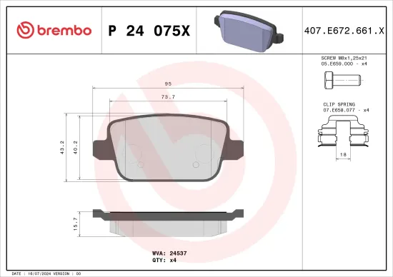 Bremsbelagsatz, Scheibenbremse BREMBO P 24 075X Bild Bremsbelagsatz, Scheibenbremse BREMBO P 24 075X