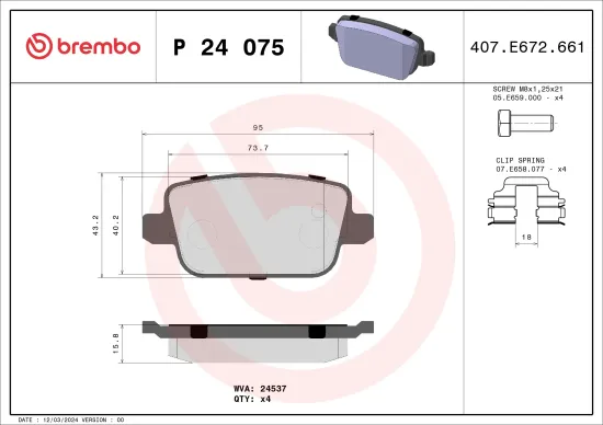 Bremsbelagsatz, Scheibenbremse BREMBO P 24 075 Bild Bremsbelagsatz, Scheibenbremse BREMBO P 24 075