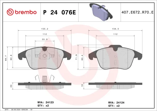 Bremsbelagsatz, Scheibenbremse Vorderachse BREMBO P 24 076E Bild Bremsbelagsatz, Scheibenbremse Vorderachse BREMBO P 24 076E
