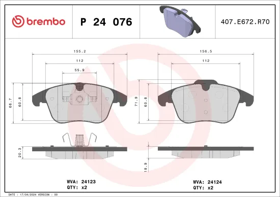 Bremsbelagsatz, Scheibenbremse BREMBO P 24 076 Bild Bremsbelagsatz, Scheibenbremse BREMBO P 24 076