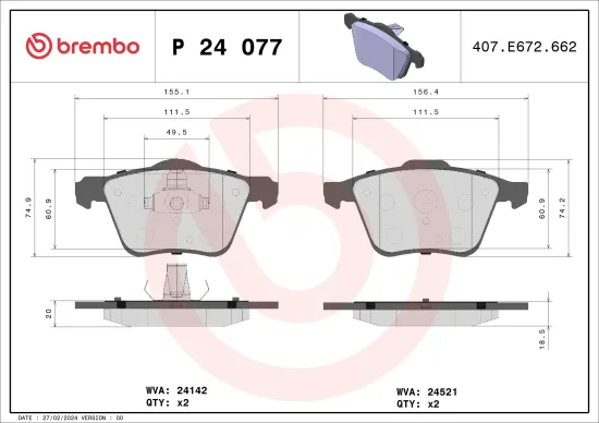 Bremsbelagsatz, Scheibenbremse Vorderachse BREMBO P 24 077 Bild Bremsbelagsatz, Scheibenbremse Vorderachse BREMBO P 24 077