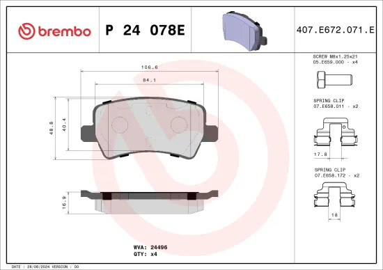 Bremsbelagsatz, Scheibenbremse Hinterachse BREMBO P 24 078E Bild Bremsbelagsatz, Scheibenbremse Hinterachse BREMBO P 24 078E