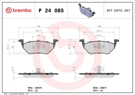 Bremsbelagsatz, Scheibenbremse Hinterachse BREMBO P 24 085 Bild Bremsbelagsatz, Scheibenbremse Hinterachse BREMBO P 24 085