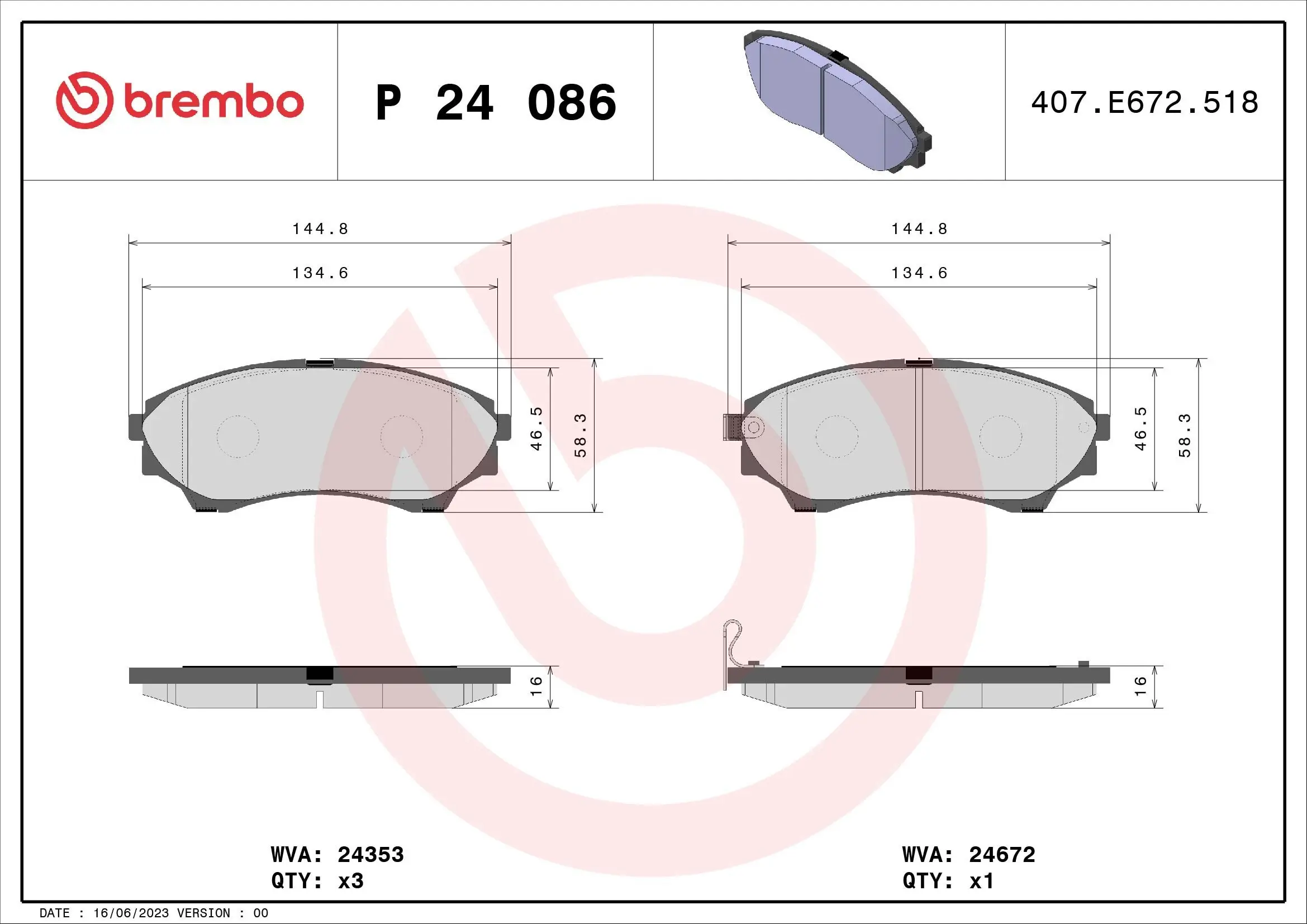 Bremsbelagsatz, Scheibenbremse BREMBO P 24 086