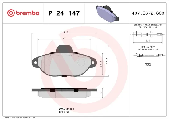 Bremsbelagsatz, Scheibenbremse Vorderachse BREMBO P 24 147 Bild Bremsbelagsatz, Scheibenbremse Vorderachse BREMBO P 24 147